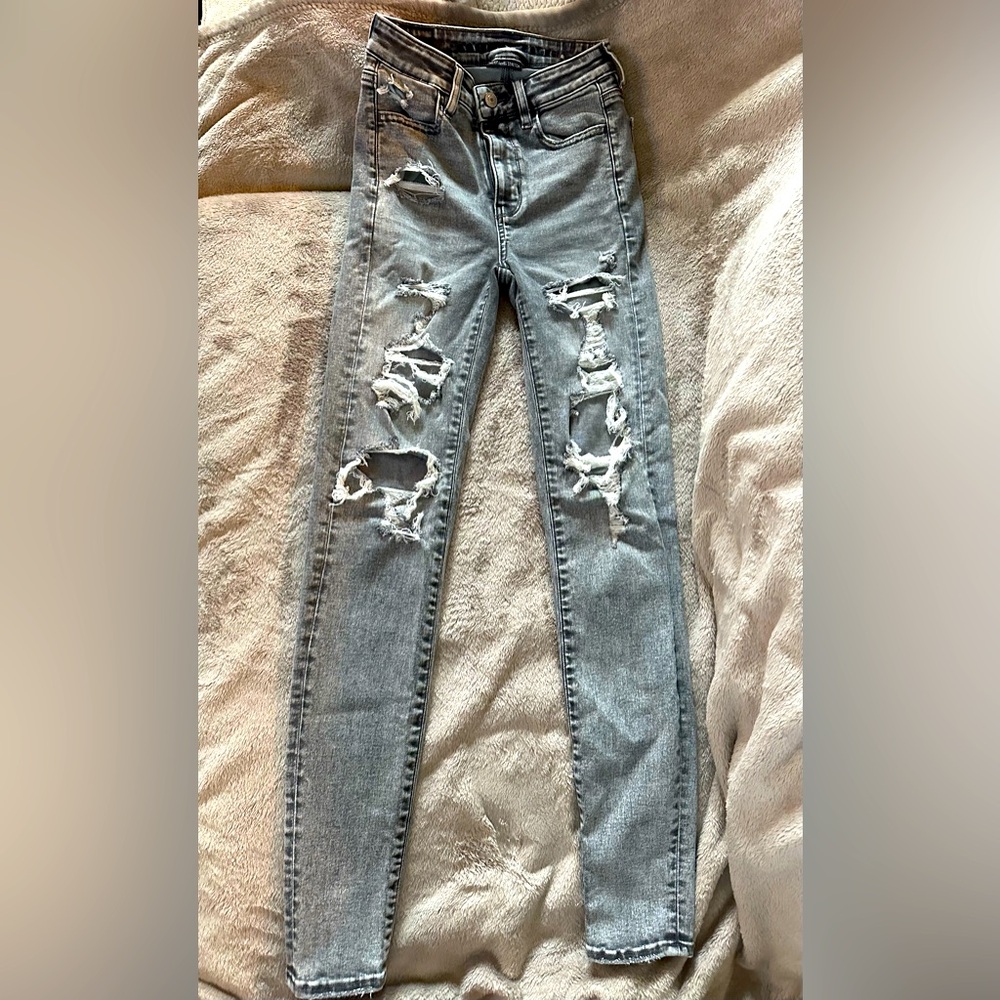 American Eagle Next Level Stretch Ripped Skinny Jeans - Gray, Size 00, Regular
